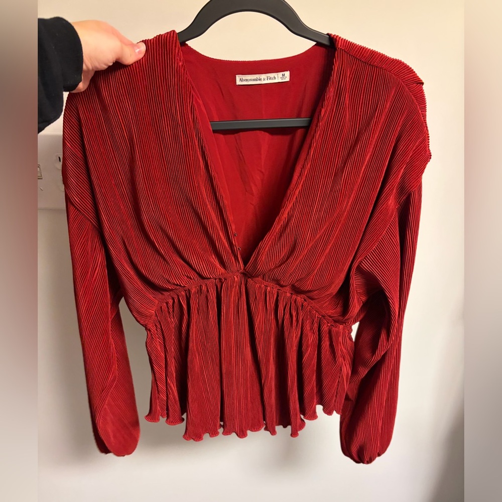 Abercrombie Red Pleated V-Neck Blouse